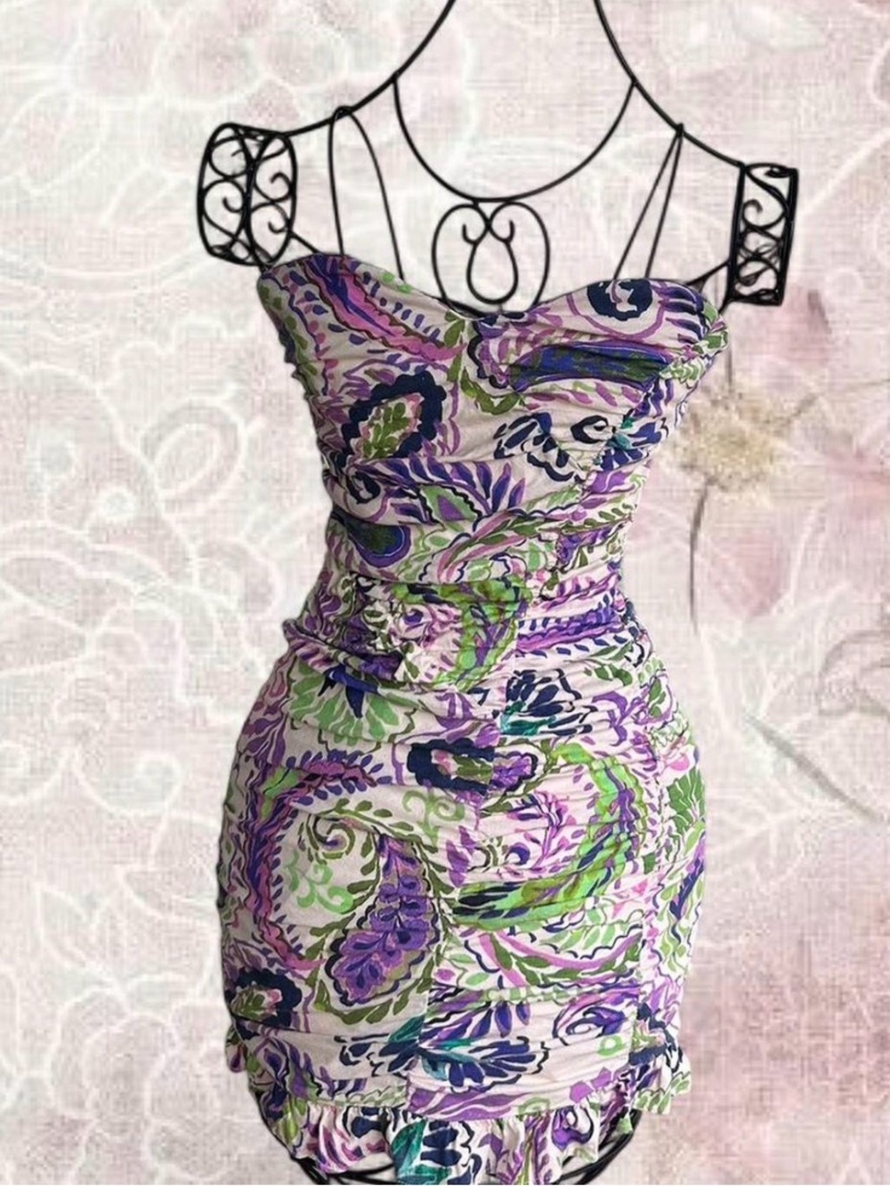 Zara Strapless Paisley Ruched Bodycon Dress in Purple, Green & White